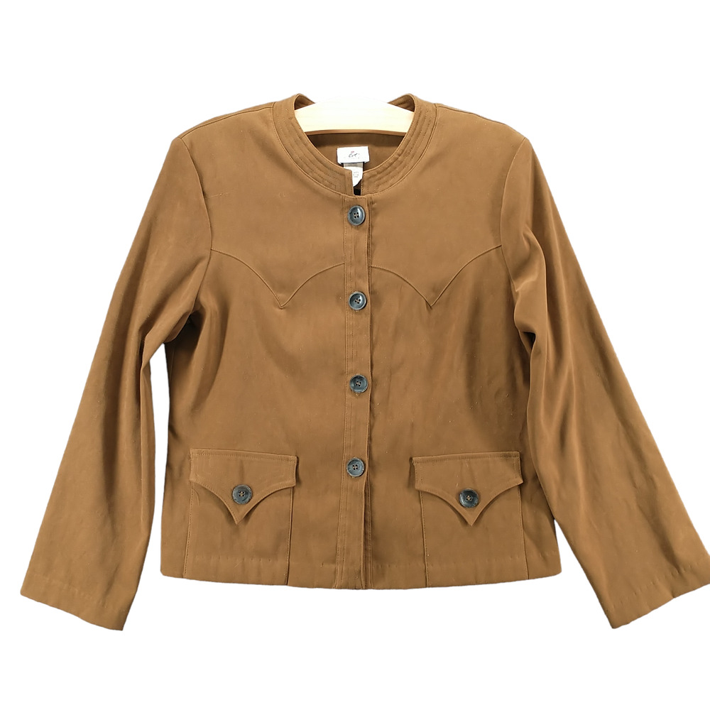 IC Collection by Connie Women's Jacket Brown Medium Solid Flap Pockets Vintage